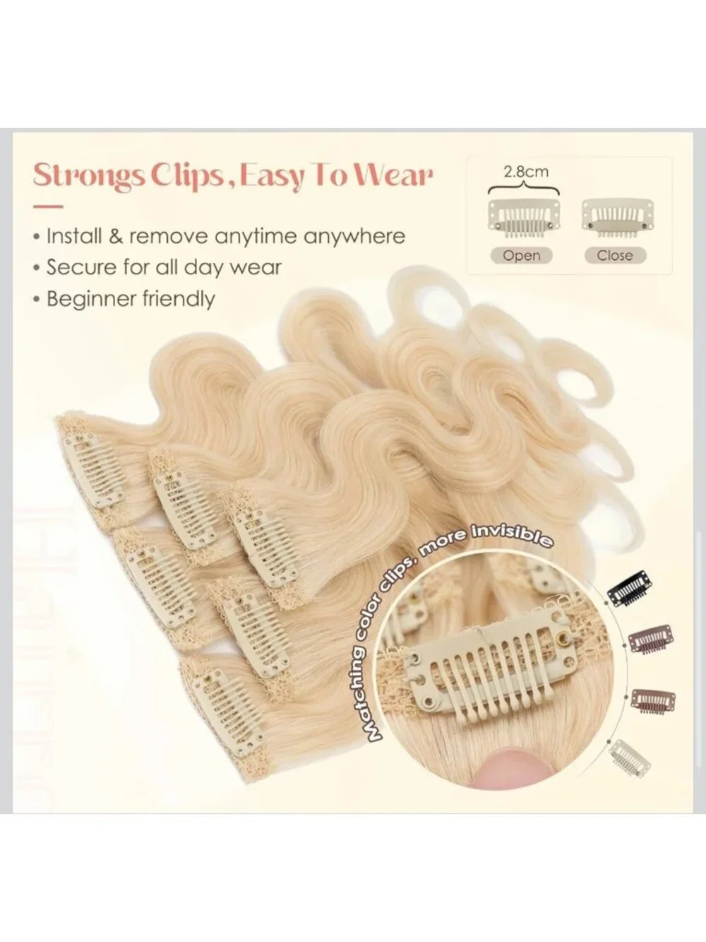 6pcs Hairro Platinum Blonde Clip-In Hair Extensions Wavy Texture Lace Weft Stron